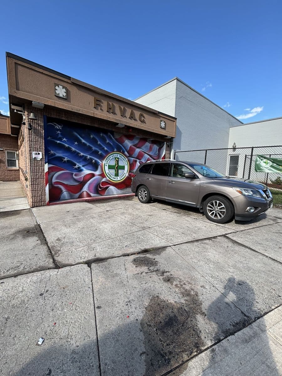 The front of the FHVAC base and its flag mural garage door