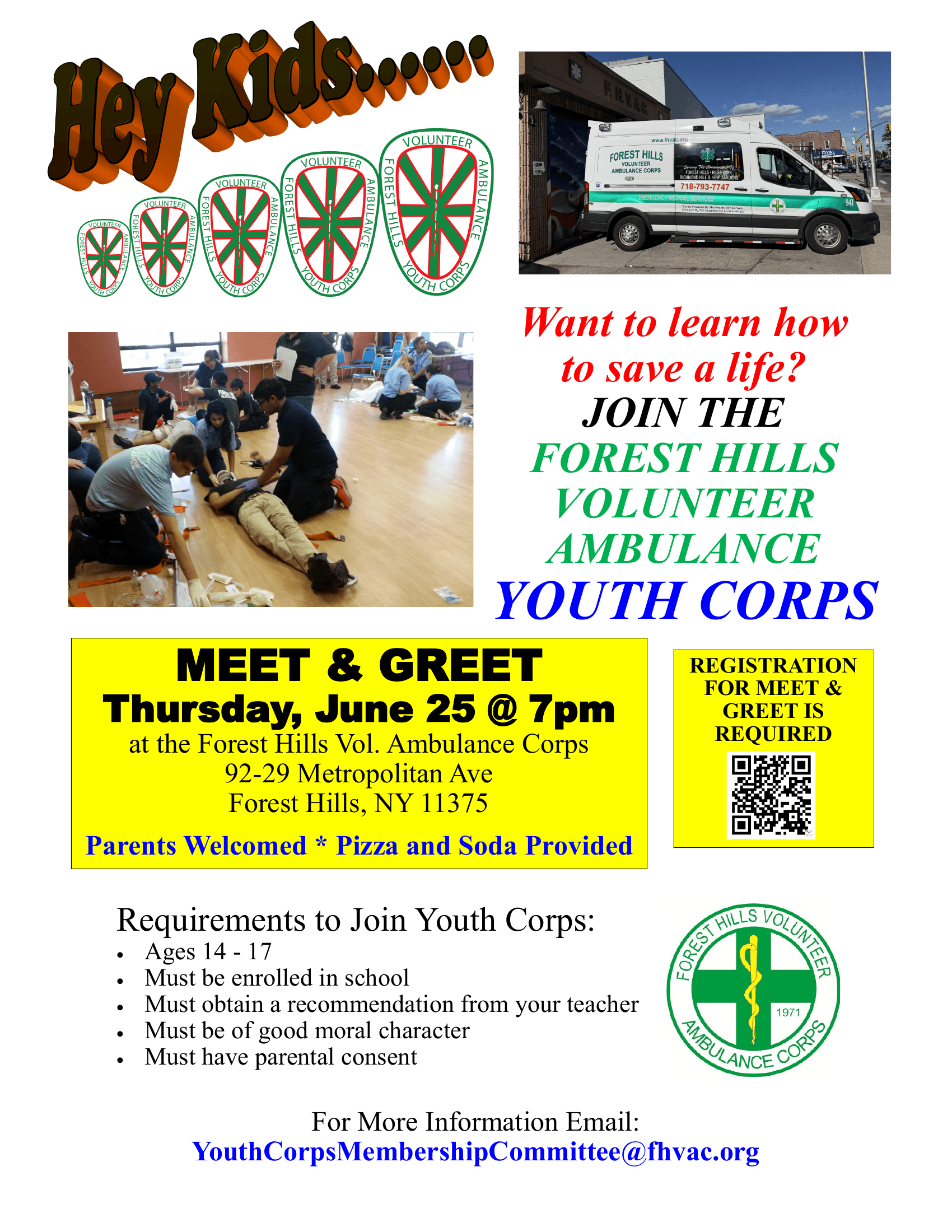 Forest Hills Volunteer Ambulance Corps Youth Corps Meet & Greet flyer